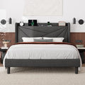 Feonase Full Size Bed Frame with Charging Station, Upholstered Linen Bedframe with Wingback Headboard, Solid Wood Slats Support, Noise Free, No Box Spring Needed, Charcoal Grey