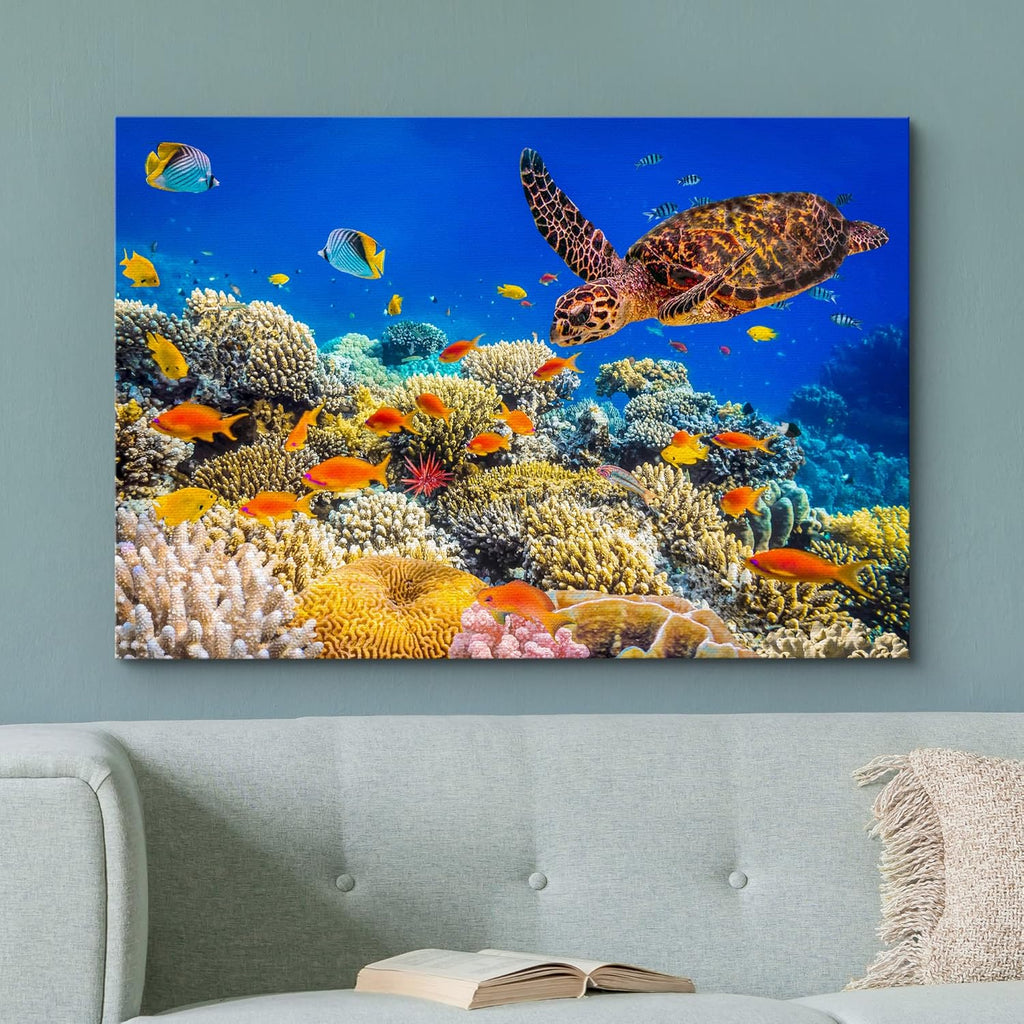 wall26 Canvas Print Wall Art Neon Coral Reef Blue Hippo Tang Fish Turtle Nature Animals Photography Realism Rustic Scenic Landscape Wilderness Colorful for Living Room, Bedroom, Office - 32"x48"
