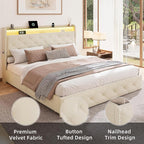 BRELTAM Queen Size Bed Frame with 4 Storage Drawers Platform Bed with Headboard,Upholstered Velve Tufed Bed Frame&LED Light and Charging Station,Heavy Duty Wood Slats,Noise Free,Easy Assembly,Beige