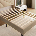 iPormis Twin Size Bed Frame with Charging Station, Linen Platform Bed Frame with Wingback Headboard Upholstered Bedframe, Solid Wood Slats Support, No Box Spring Needed, Easy Assembly, Beige