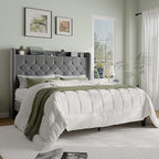 SHA CERLIN Queen Size Platform Bed Frame with Charging Station, Velvet Wingback Headboard with Storage Shelf, Wooden Slats Support, Ample Under-Bed Space, No Box Spring Needed, Easy Assembly, Grey