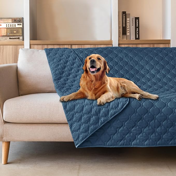gogobunny 3X Stronger Waterproof Pet Blanket, Scratch Proof Furniture Protector for Dogs Cats, Reversible Cover 52x82 Inch, Dark Blue