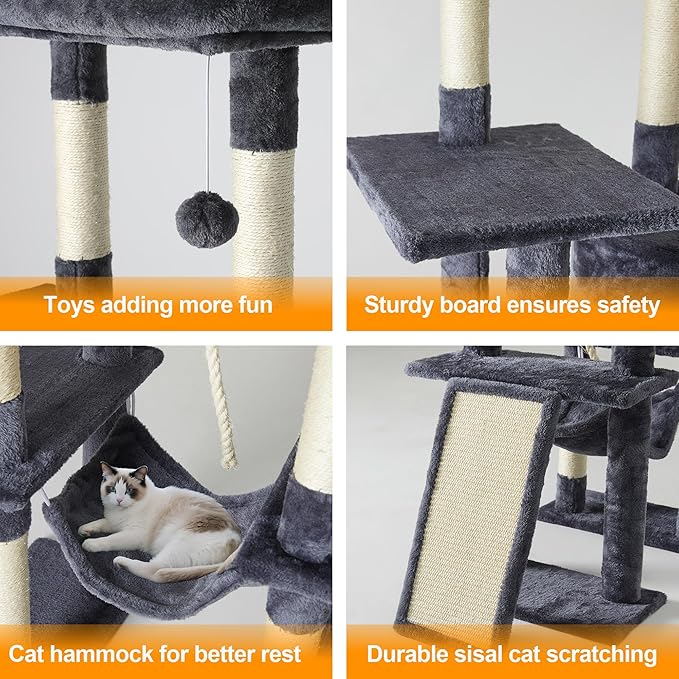 Large Cat Tree,65-inch Tall Multi-Level Cat Tower with Sisal-Covered Scratching Posts, Condo, Hammock, Dangling Ball,Grey