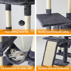 Large Cat Tree,65-inch Tall Multi-Level Cat Tower with Sisal-Covered Scratching Posts, Condo, Hammock, Dangling Ball,Grey