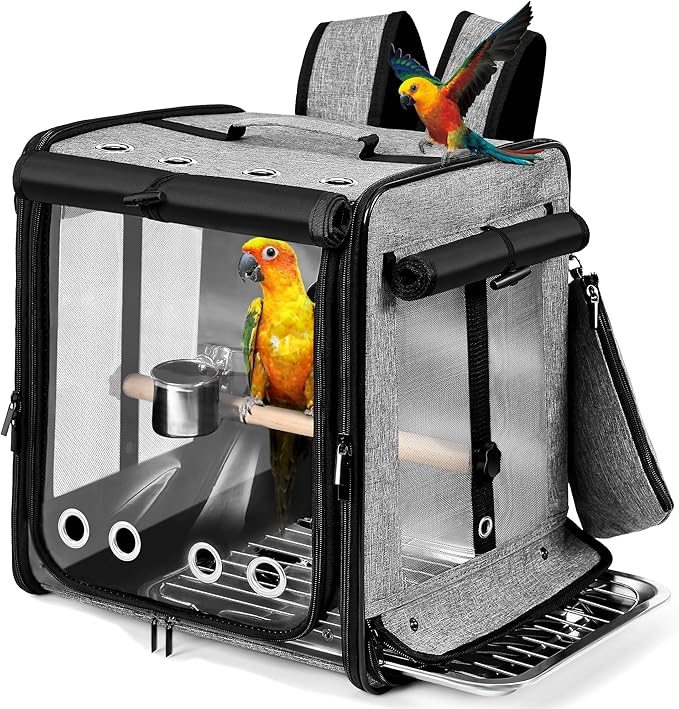 Suertree Bird Carrier with Seat Belt for Car Travel, Bird Backpack Carrier with Indestructible Stainless Steel Mesh, Large Bird Carrier Travel Cage, Grey