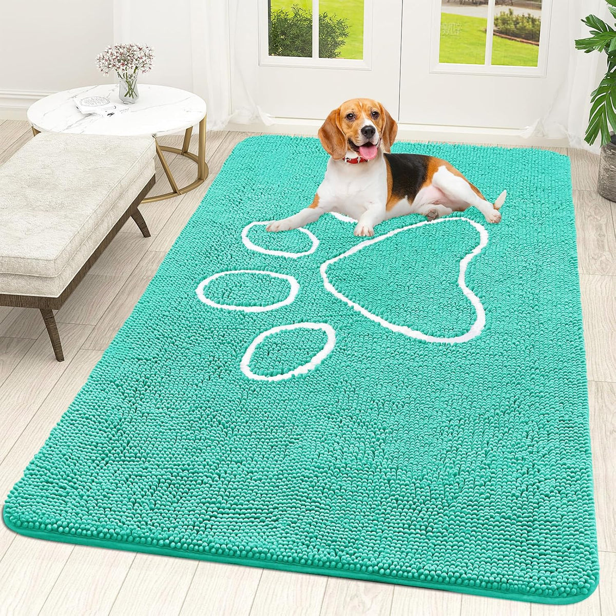 OLANLY Door Mat for Muddy Dog Paws 59x35, Ultra Absorbent Chenille Mud Doormat with Paw Print Design, Non-Slip Washable Doormat for Indoor Entryway, Quick-Dry Pet Bed Mats for Dirty Dogs, Teal