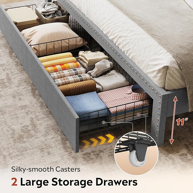 WLIVE Queen Size Upholstered Bed Frame with 2 Drawers, Linen Tufted Storage Headboard with Charging Ports and LED Light, Sturdy Metal & Wooden Slats Support, No Box Spring Needed, Light Grey