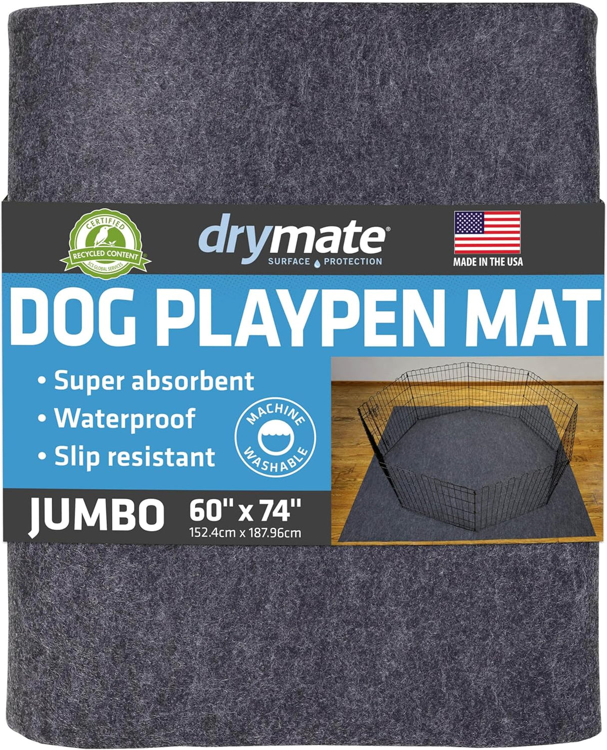 Drymate Jumbo Dog Playpen Mat (60x74), Super Absorbent, Waterproof, Slip-Resistant, Machine Washable, Reusable Puppy Pad for Training, Whelping, Housebreaking, Incontinence, Crate, Kennel (USA Made)