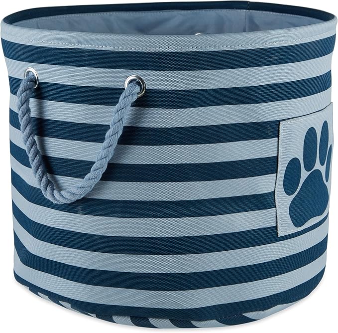 Bone Dry Pet Storage Collection Striped Paw Patch Bin, Dark Navy, Small Round