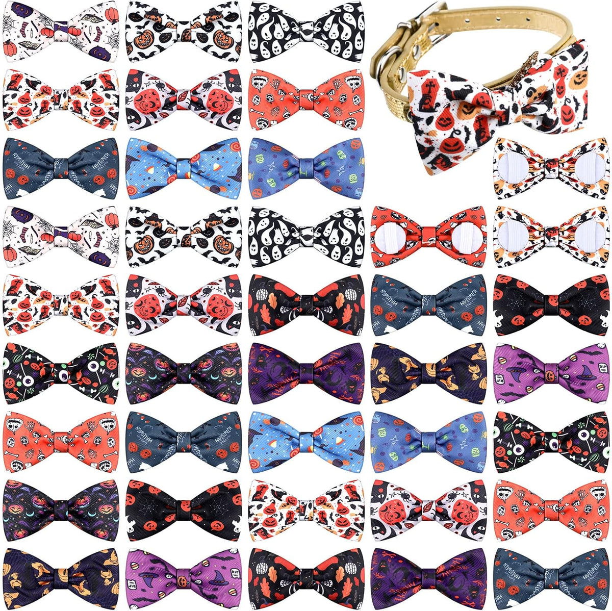16 Pieces Dog Bow Ties Slide Dog Collar Bows Summer Hawaiian Styles Dog Collar Attachment Bows with Rubber Bands Dog Bow Ties for Large Dogs Spring Summer Grooming Independence Day (Horror Style)