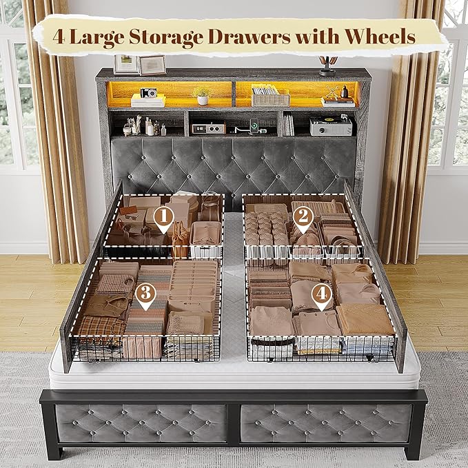 EnHomee Full Size Bed Frame with 4 Storage Drawers and Headboard Upholstered,Wooden Full Bed Frame with Charging Station and LED Light,NO Noise,No Box Spring Needed,Gray