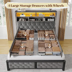 EnHomee Full Size Bed Frame with 4 Storage Drawers and Headboard Upholstered,Wooden Full Bed Frame with Charging Station and LED Light,NO Noise,No Box Spring Needed,Gray