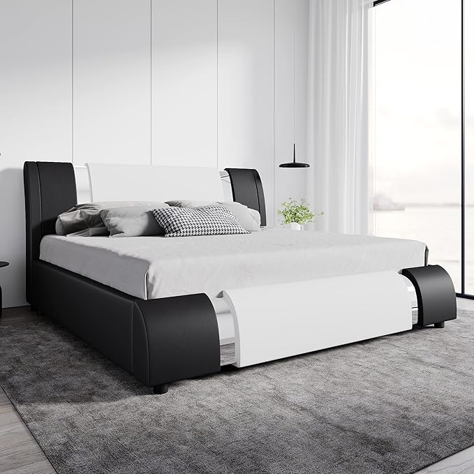 SHA CERLIN Modern Faux Leather King Bed Frame with Adjustable Headboard and Iron Accents, Deluxe Upholstered Platform Bed with Solid Wooden Slats Support - White + Black