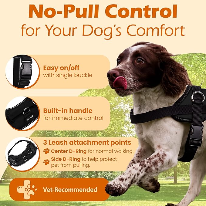 Bark Appeal Black No-Pull Dog Harness for Medium to Large Sized Pets – Adjustable, Reflective Vest with 3 Leash Clips for Added Control, Easy Walks & Training – Large