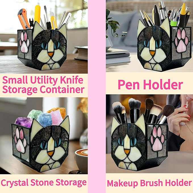 Stained Glass Black Cat Flower Pot,Succulent Pots with Drainage,Unique Black Cat Planter,Flower Pots for Indoor Plants,Glass Container Display Decoration,Cute Plant Gifts