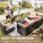 Devoko Patio Furniture Sets 6 Pieces Outdoor Sectional Rattan Sofa Manual Weaving Wicker Patio Conversation Set with Glass Table and Cushion (Beige)