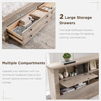 Farmhouse Queen Size Bed Frame with 54" Tall Storage Bookcase Headboard, 18" Roman Column Decoration Footboard,2 Drawer & 4 Storage Rack,Wood Platform Bed Frame, No Box Spring Needed(Light Rustic Oak)