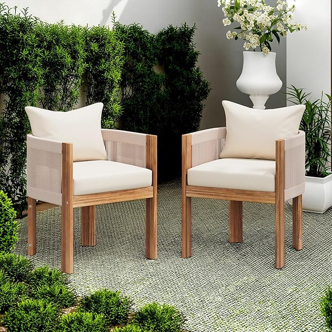 Christopher Knight Home Matera Dining Chair Set of 2, Acacia Wood Outdoor Accent Chair, Farmhouse Patio Kitchen Side Chair, Comfy Reading Chair, Round Backrest and Water Resistant Cushion,Teak+ Beige