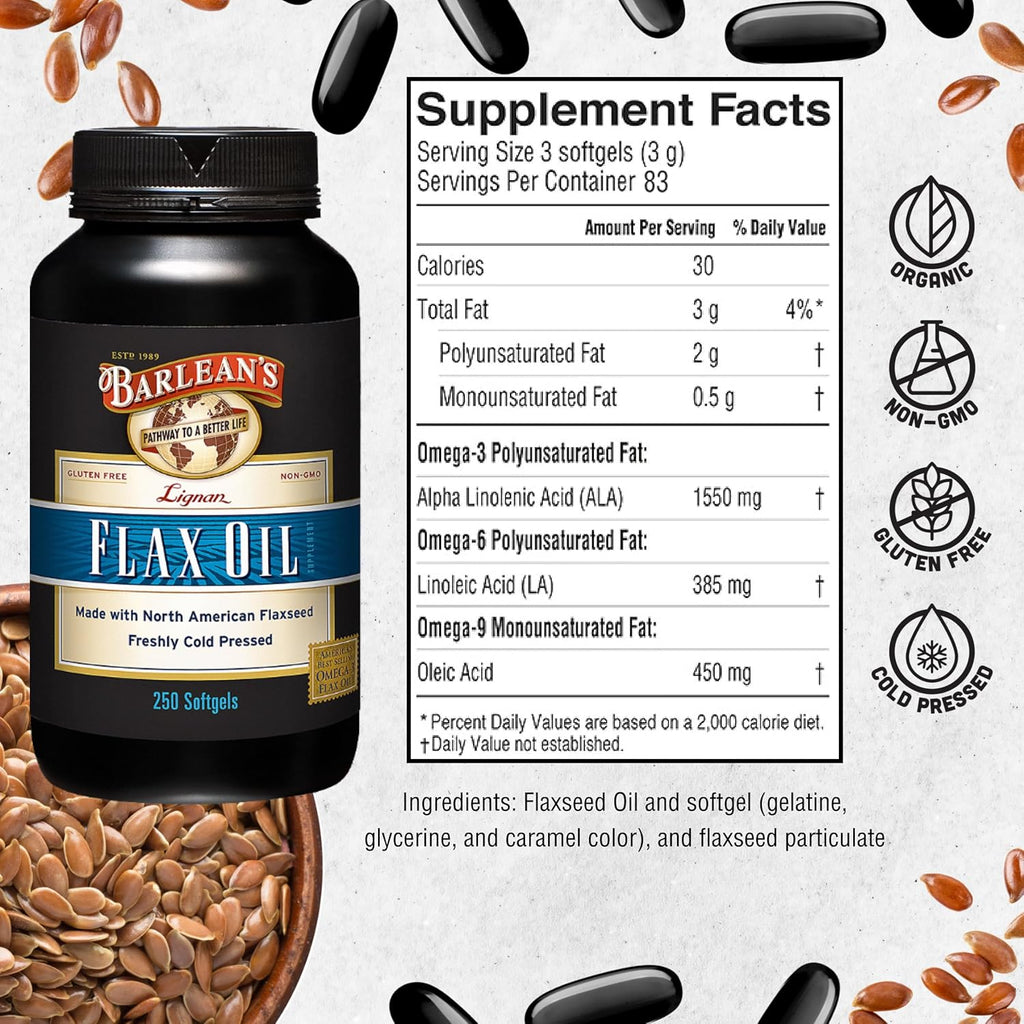 Barlean's Lignan Flaxseed Oil Softgels, Cold-Pressed Flax Seed Supplement with 1,550 mg ALA Omega-3 Fatty Acids for Joint & Heart Health, 1000mg, 250 ct