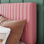 Allewie King Bed Frame, Velvet Upholstered Platform Bed with Adjustable Vertical Channel Tufted Headboard, Mattress Foundation with Strong Wooden Slats, Box Spring Optional, Easy Assembly, Pink
