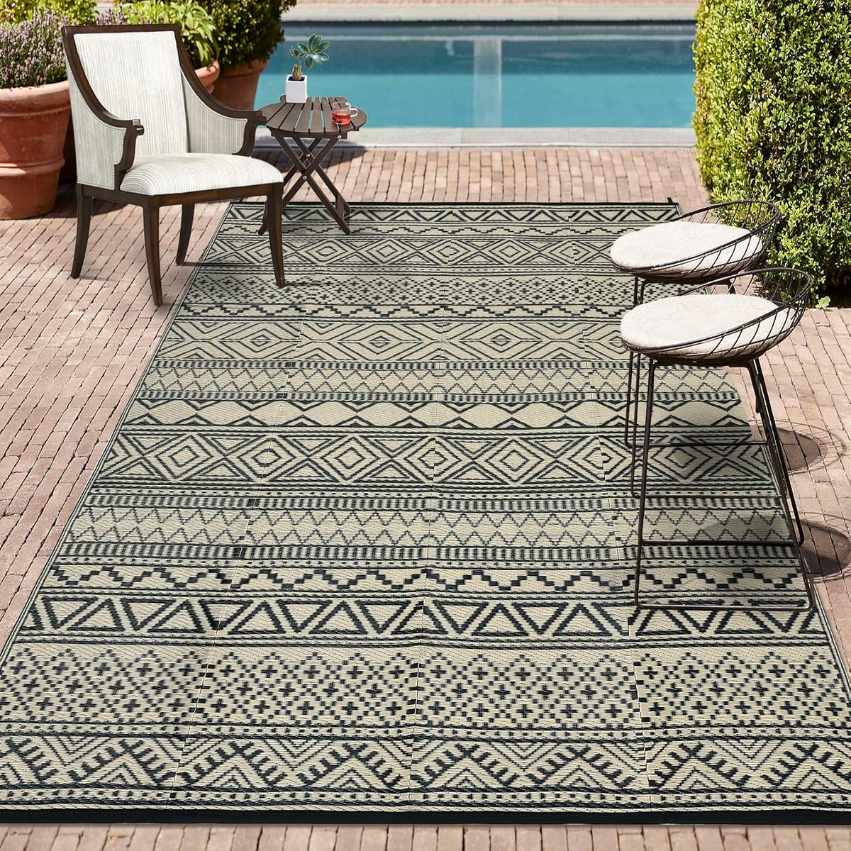 GAOMON Outdoor Rugs Patio Camping Waterproof Rug 6'x9' Plastic Straw Patio Rug Portable for Campers, Outside RVs Mat for Patios Clearance, Backyard Porch, Balcony, Black/Coffee(Bohemia)