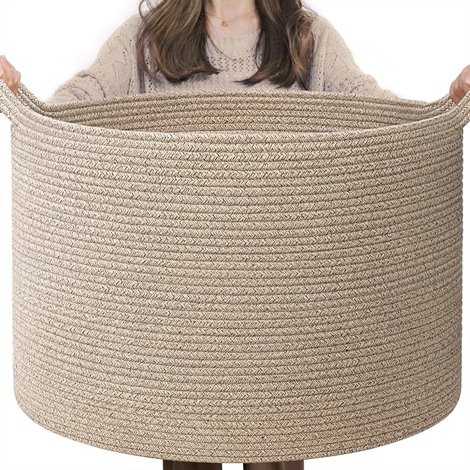 INDRESSME XXXLarge Blanket Basket for Living Room 21.7" x 21.7" x 13.8"-Storage Basket with Handle for Organizing Toy Pillows Woven Wicker Laundry Basket Stuffed Animal Toy Storage for Play Room