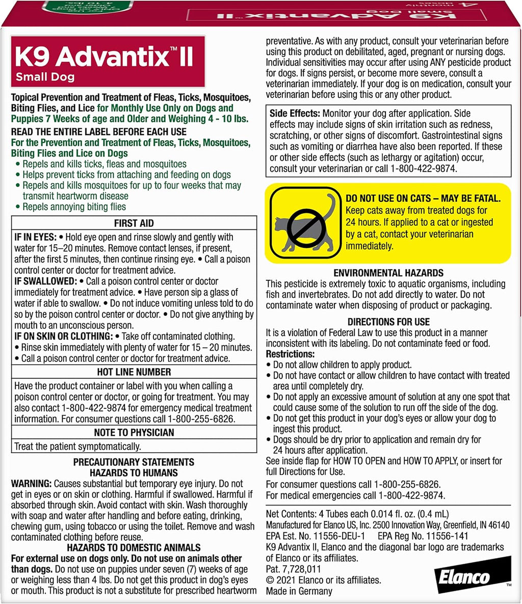 K9 Advantix II Small Dog Vet-Recommended Flea, Tick & Mosquito Treatment & Prevention | Dogs 4-10 lbs. | 4-Mo Supply