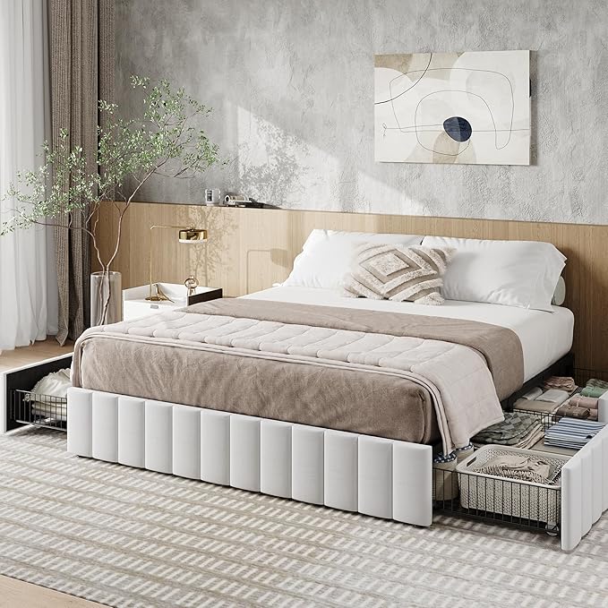 Allewie Queen Size Platform Bed Frame with 4 Large Storage Drawers, Velvet Vertical Channel Tufted Upholstered Bed Base, Wooden Slats Support, Noise-Free, No Box Spring Needed, Easy Assembly, White