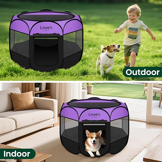 Love's cabin Pet Puppy Dog Playpen, Medium Dog Tent Crates Cage Indoor/Outdoor, Portable Playpen for Cat, Foldable Pop Up Dog Kennel Playpen with Carring Case, Removable Zipper Top, Purple