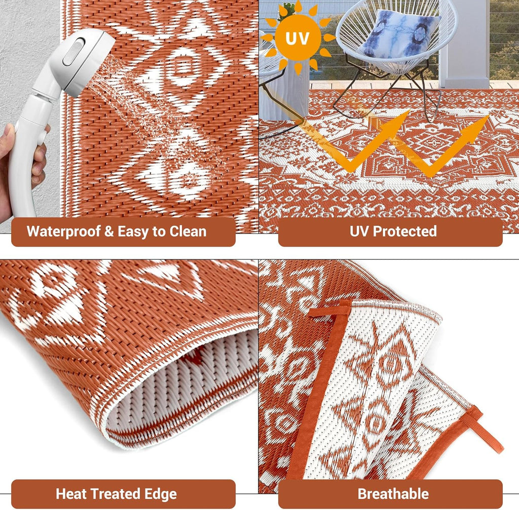 GAOMON Extra Large Outdoor Rug 10x20 Waterproof Plastic Straw Rug Reversible Vintage Patio Carpet, Portable Picnic Camping Mat with Bag & Stakes, Outside Carpet for Balcony Garden Yard, Orange Red