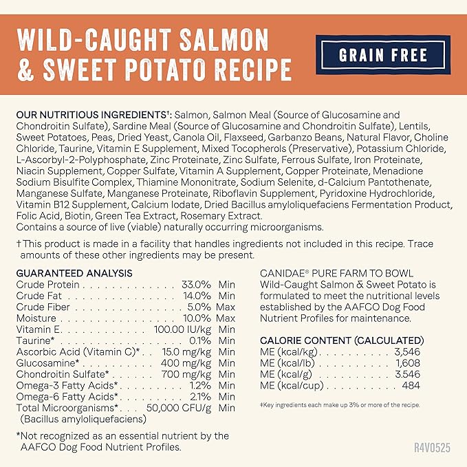 Canidae Pure Farm to Bowl, Grain-Free, Wild-Caught Salmon & Sweet Potato Dog Food, Adult 22lb