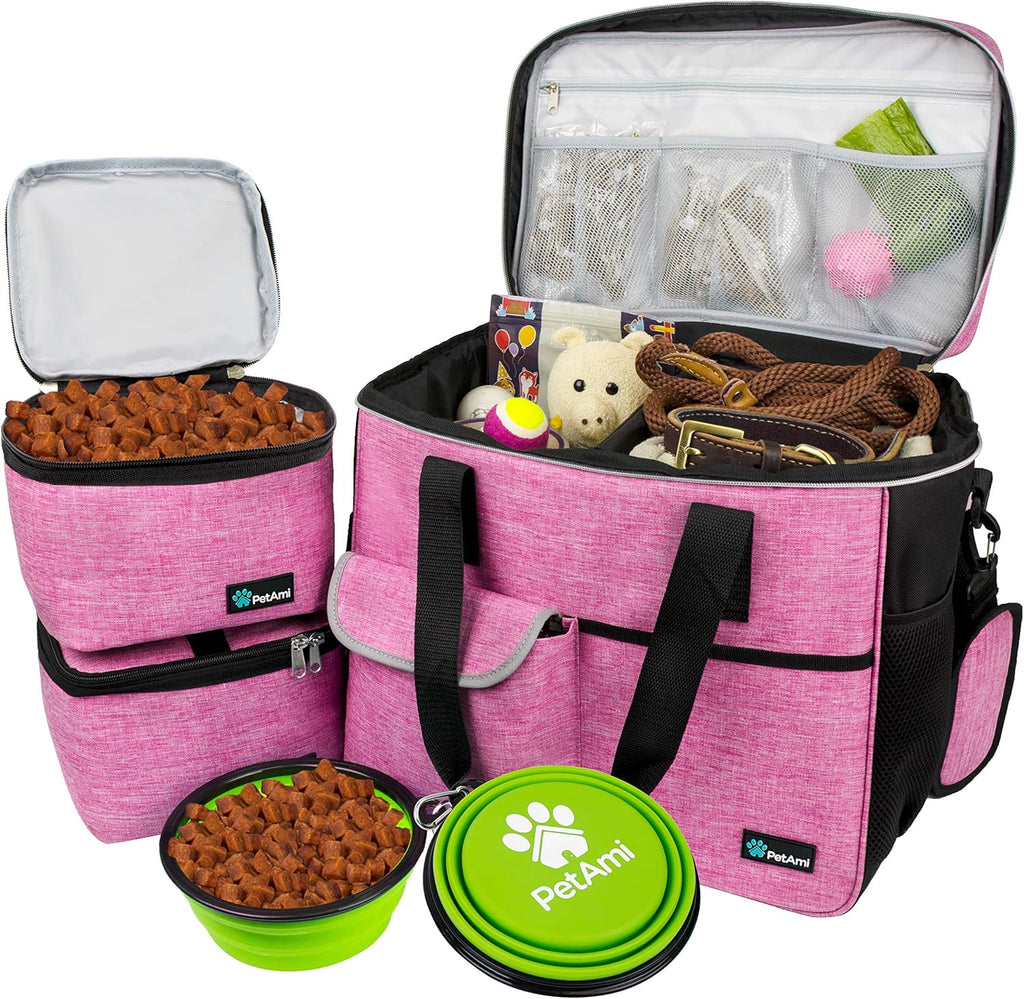 PetAmi Dog Travel Bag - Travel Pet Organizer with Food Container and Bowls, Perfect for Weekend Camping, Cat Diaper Bag (Pink, Large)