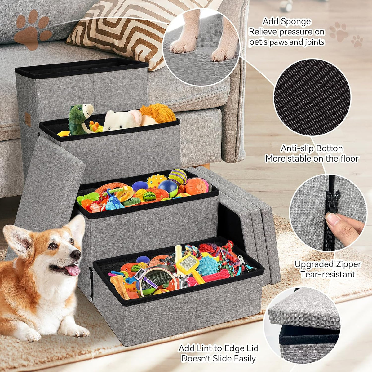 Dog Stairs 23" H, 4-Step Wider Dog Steps for High Beds Window, Folding Storage Pet Stairs Gift for Small/Medium/Large Old Dogs Cats, Ramp for Climbing Car Up to 200 lbs (Gray, with Condo)