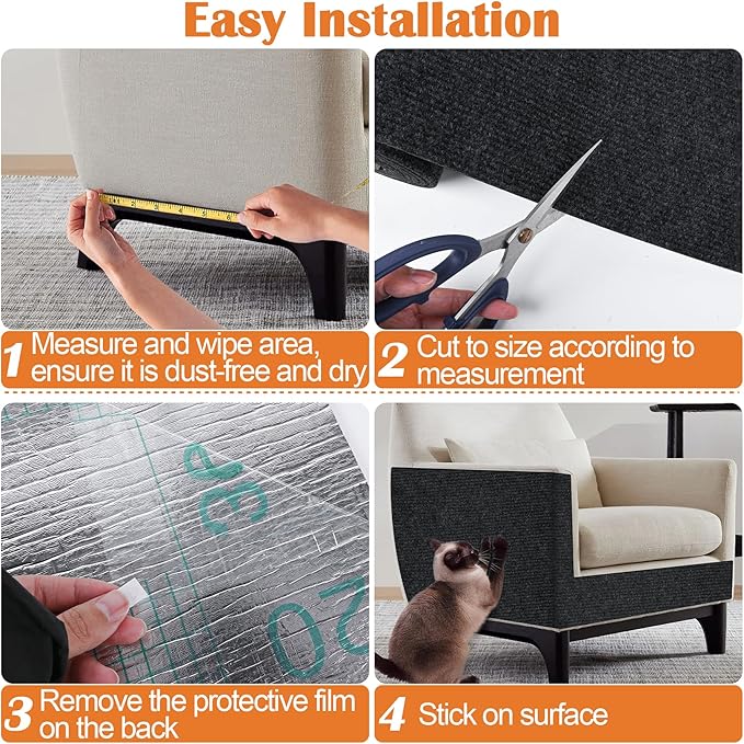 Cat Scratch Furniture Protector - 138" x 13.8" Trimmable Self-Adhesive Cats Claws Scratch Pads, DIY Cat Climbing Couch Protector for Scratch Post Cat Tree Replacement Indoor (Black)