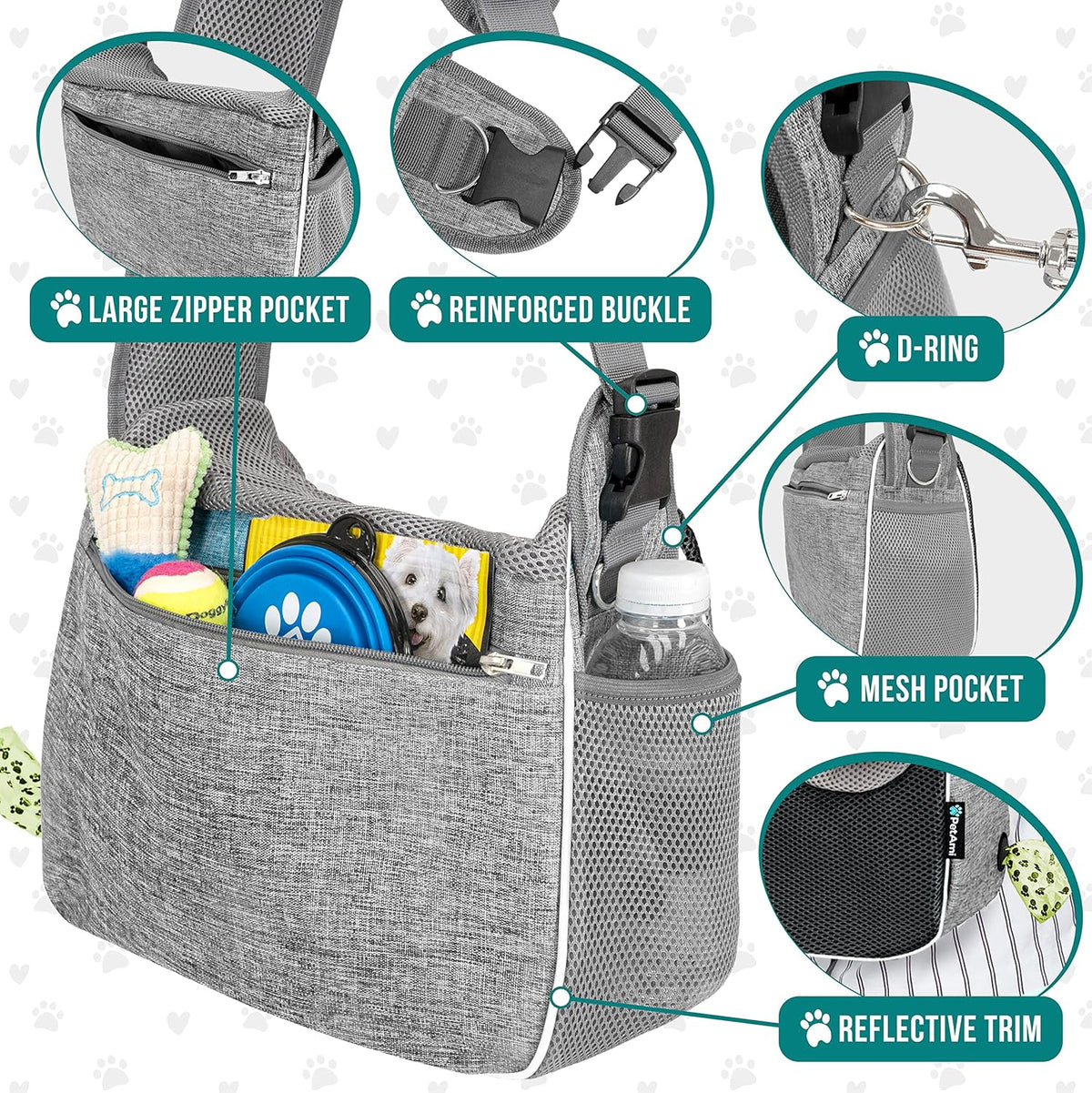 PetAmi Small Dog Sling Carrier, Soft-Sided Crossbody Puppy Carrying Purse Bag, Adjustable Sling Pet Pouch to Wear Medium Dog Cat Travel, Dog Bag for Traveling, Poop Bag Dispenser, Max 10 lbs, Gray