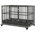 48" Heavy Duty Dog Crate Metal Cage Kennel with Lockable Wheels, Double Door and Removable Tray, gray
