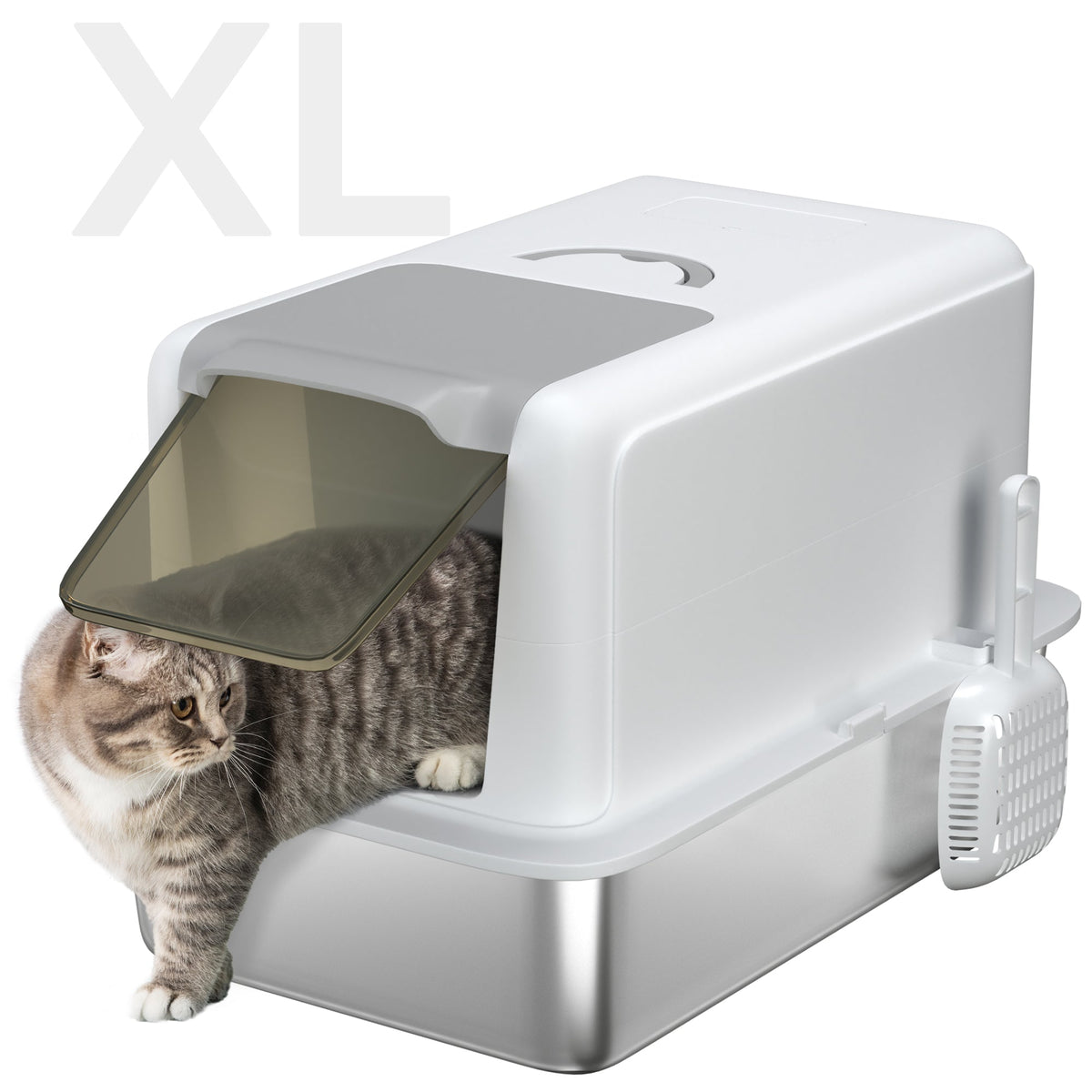 2 in 1 Stainless Steel Cat Litter Box with Removable Lid, Scoop, Filter Bags, for Small to Large Cats, White