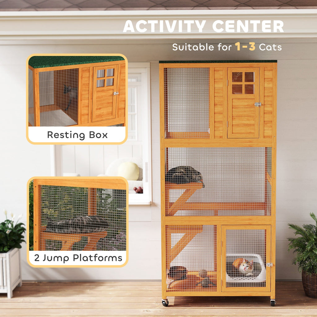 74" Wooden Outdoor Cat House Catio Outdoor Cat Enclosure, Orange