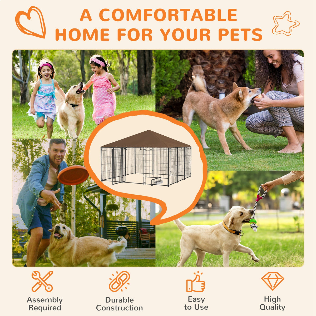 6.9 x 6.9 x 5 Outdoor Dog Kennel with Canopy Garden Playpen Fence Crate Enclosure Cage Rotating Bowl, Coffee