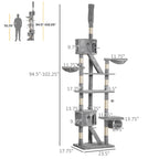 Floor to Ceiling Cat Tree, 94.5-102.5 inch Height Adjustable Cat Climbing Tower with Scratching Posts, Condos, Hammocks