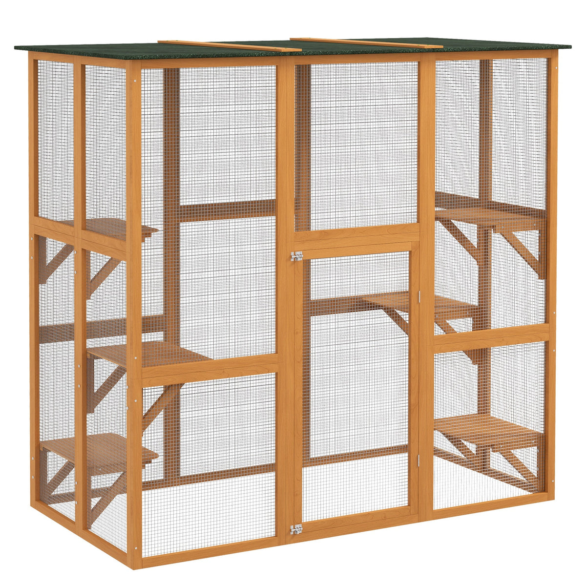 Outdoor Cat House Big Catio Wooden Feral Cat Shelter Enclosure with Large Spacious Interior, 6 High Ledges, Weather Protection Asphalt Roof, 71" L, Orange