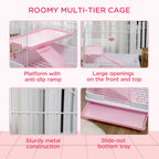2-Level Small Animal Cage Rabbit Hutch with Wheels, Removable Tray, Platform and Ramp for Bunny, Chinchillas, Ferret, Pink