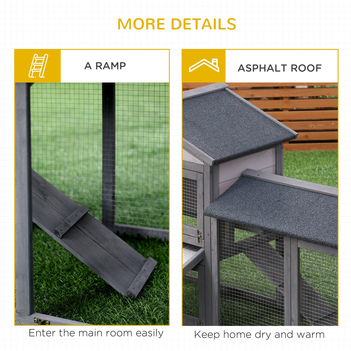 Outdoor Rabbit Hutch Wooden Bunny Cage Guinea Pig House With Run Area Removable Tray Asphalt Roof Lockable Doors Ramp Gray