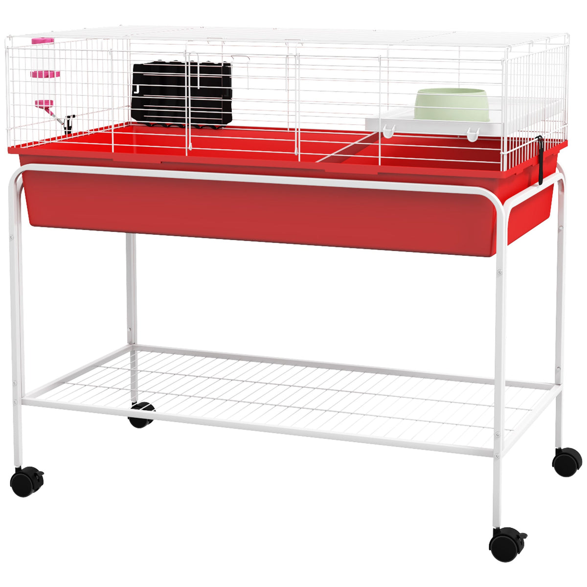 Two-Story Small Animal Cage Removable from Stand, Pet Habitat with Shelf & Wheels, 39" x 20.5" x 36.5", Red