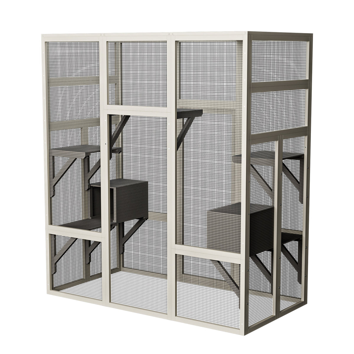 62.6" Gray Outdoor Wooden Cat House Large Catio, Solid Wood Cat Cage Shelter Enclosure Playpen with Anti-UV& Waterproof, 5 Platforms and 2 Resting Boxes